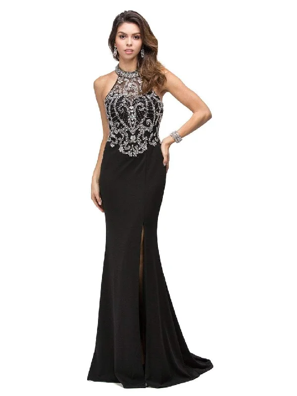 Eclectic Fashion Dancing Queen 9646 Halter Illusion Beaded Evening Gown with Slit