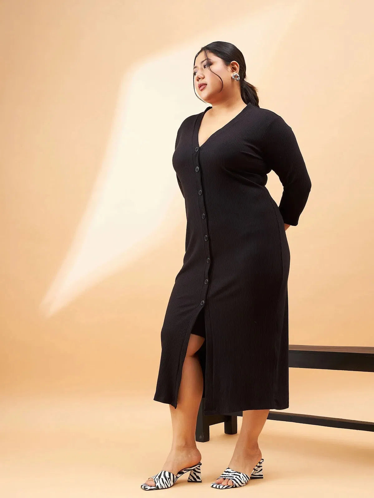 Valentine's Special Women Black Rib Front Button V-Neck Midi Dress