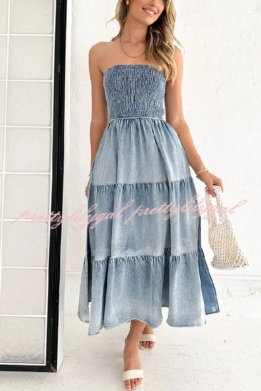 Feminine Dresses for Women in Bold Prints Asmn Off Shoulder Pleated Pocket Paneled Denim Maxi Dress