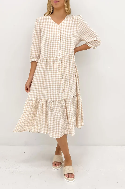 Fashion Forward Kaylah Midi Dress Latte Gingham