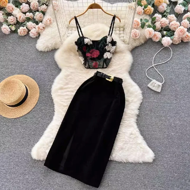 Women Clothing elegant women's mesh lace strap tube top + corduroy skirt two-piece set     S4545