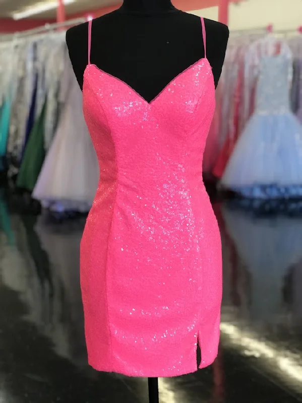 Women Wear Online Dave & Johnny 10709 Size 2 Neon Pink Short Sequin Fitted Cocktail Homecoming Dress Slit V Neck Formal Gown