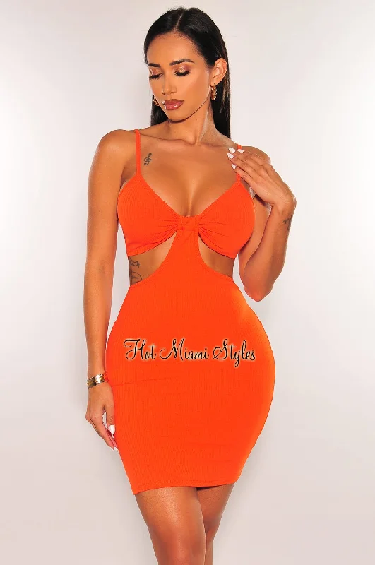 Cutting Edge Fashion Tangerine Ribbed Spaghetti Straps Knotted Cut Out Mini Dress