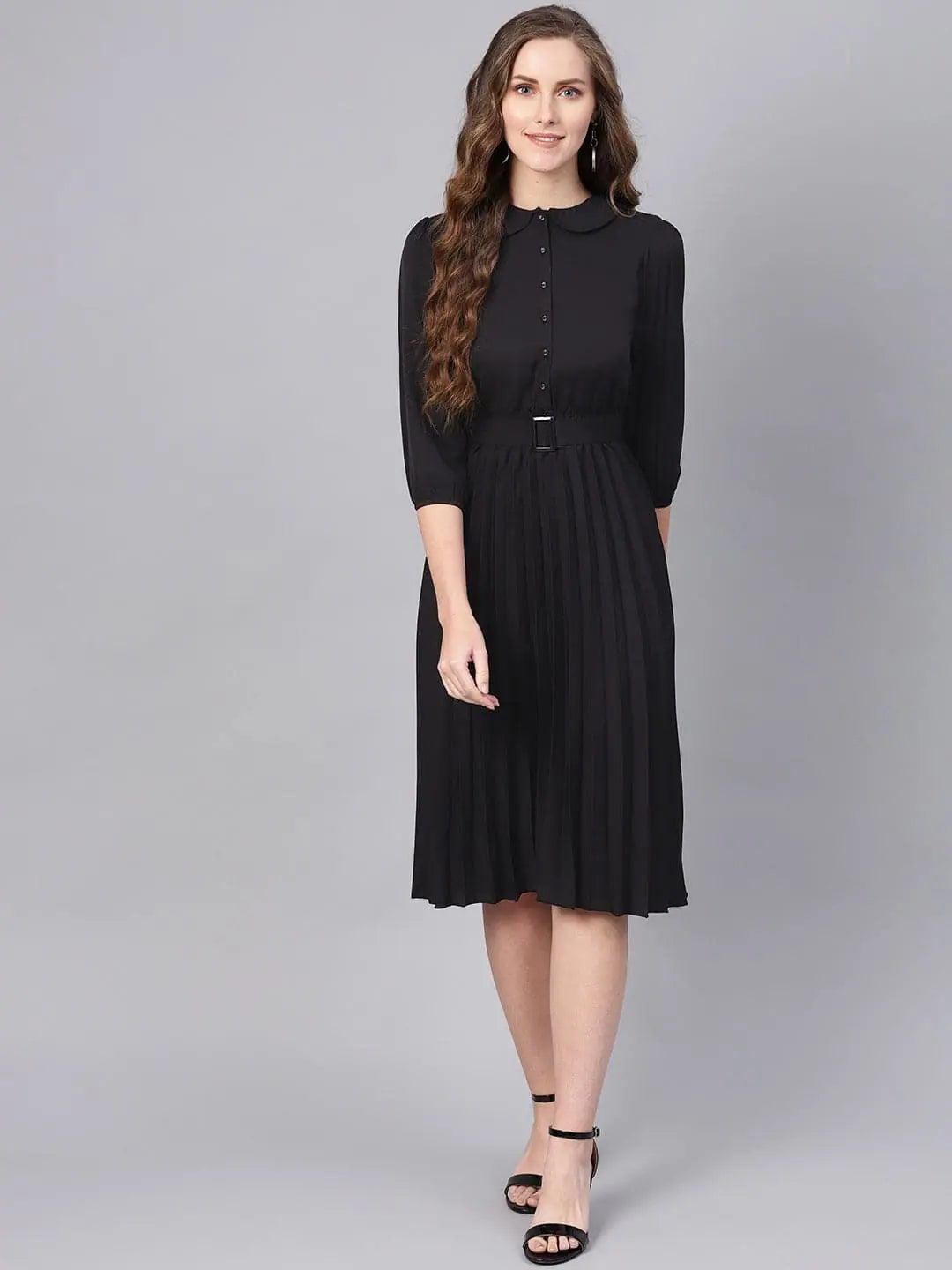 Women Fashion Black Peterpan Belted Pleated Midi Dress