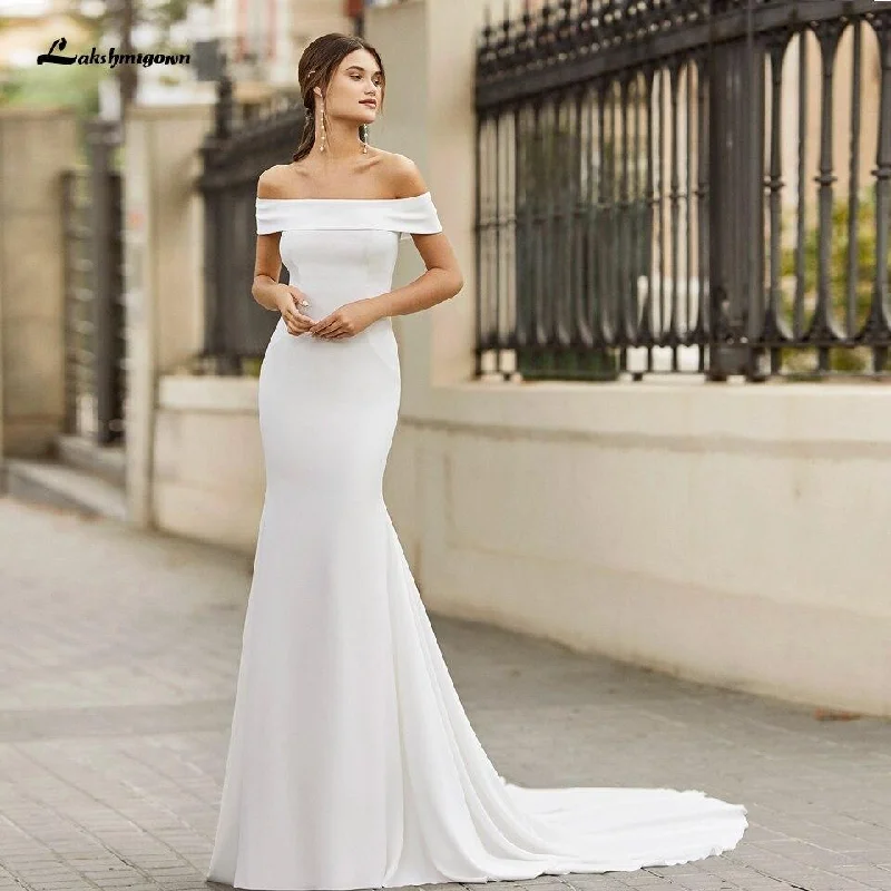 Best Online Boutiques Roycebridal White Satin Mermaid Wedding Dress Off the Shoulder