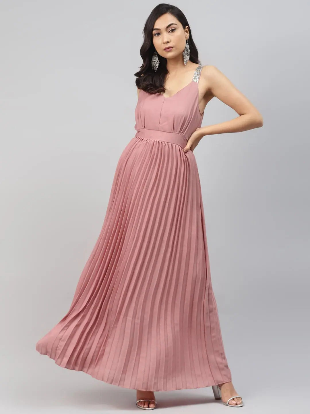 City Fashion Pink Sequin Straps Pleated Maxi Dress