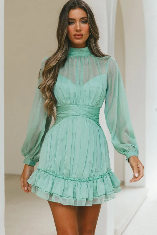 Trendy Fashion For Women Mandalay High Neck Long Sleeve Waistband Dress Sage