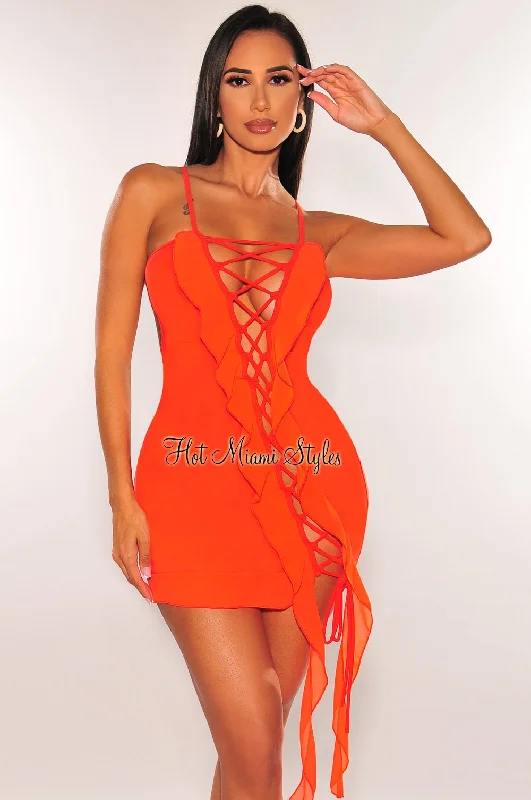 Fashion Forward Femininity Tangerine Spaghetti Straps Lace Up Ruffle Strappy Back Mini Dress