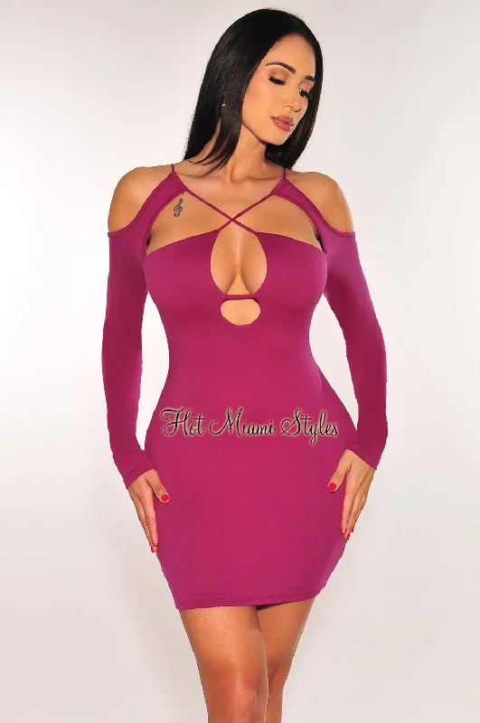 Fashion For Every Occasion Berry Cut Out CrissCross Long Sleeve Mini Dress