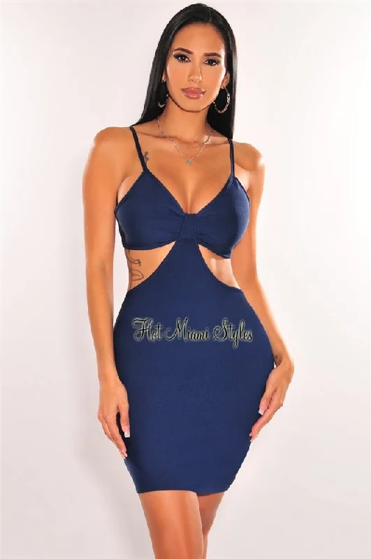 Effortless Style, Endless Impact Deep Blue Bandage Spaghetti Straps Knotted Cut Out Mini Dress