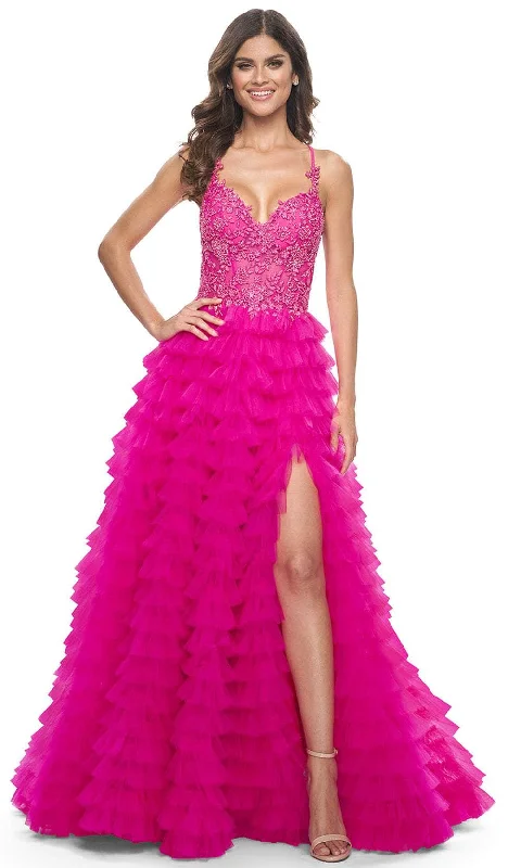 Affordable Women’s Clothing Online La Femme 32334 - Lace Applique Ruffled A-Line Prom Gown