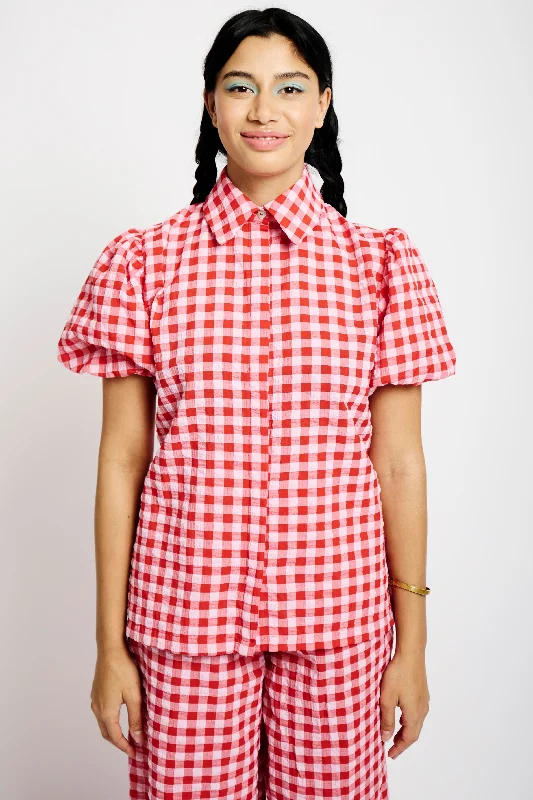 Clothes Of Woman Balloon Sleeve Shirt in Red Gingham