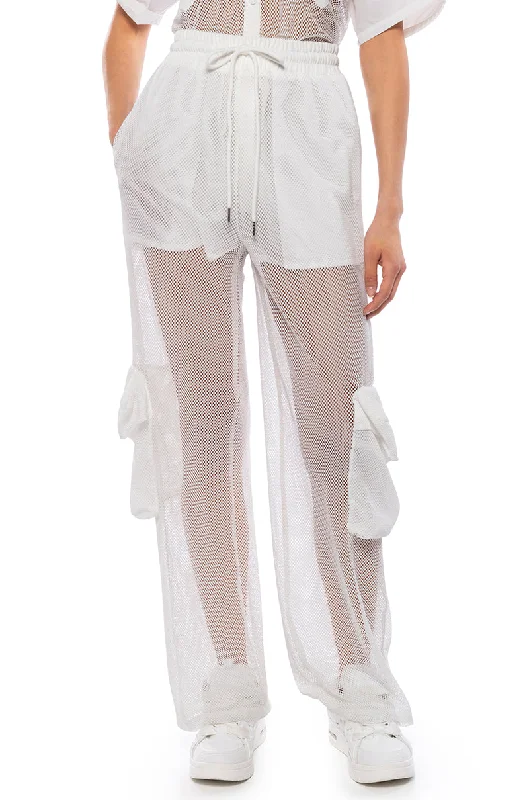 Sale Clothes Online CARGO POCKET MESH SHEER JOGGER IN WHITE