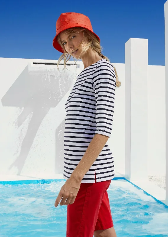 Trendsetter's Closet PHARE - Boat Neck Striped Tunic with Slits | Stretch fabric with UV Protection (WHITE / NAVY)