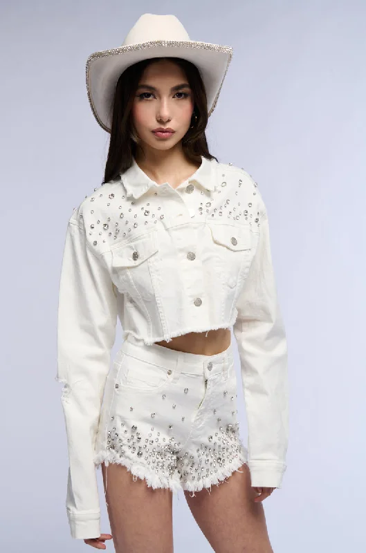 Browse Our Top Products CROPPED WHITE DENIM EMBELLISHED JACKET