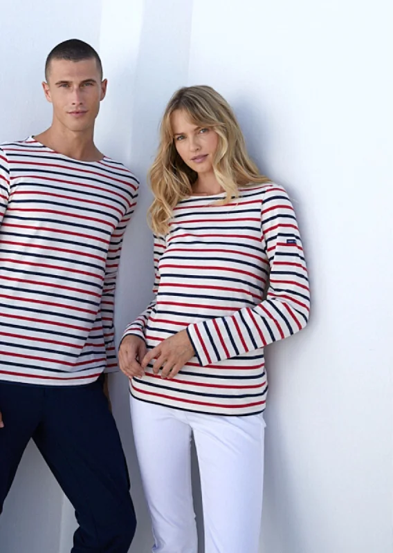 Season Sale MINQUIERS MODERNE - Tri-color Striped Shirt | Lightweight Cotton | Unisex Fit (ECRU / NAVY / RED)