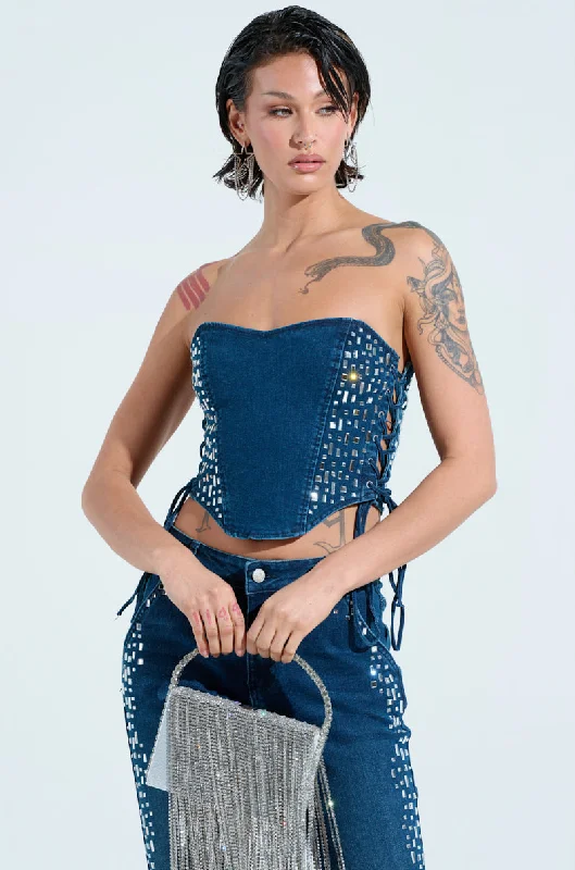 Discover Promotions ROCKSTAR DENIM RHINESTONE CORSET TOP