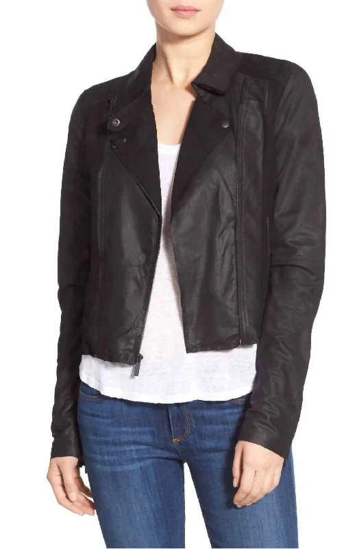 Casual Chic Clothing Silvie Cropped Trim Suede Leather Moto Jacket In Black