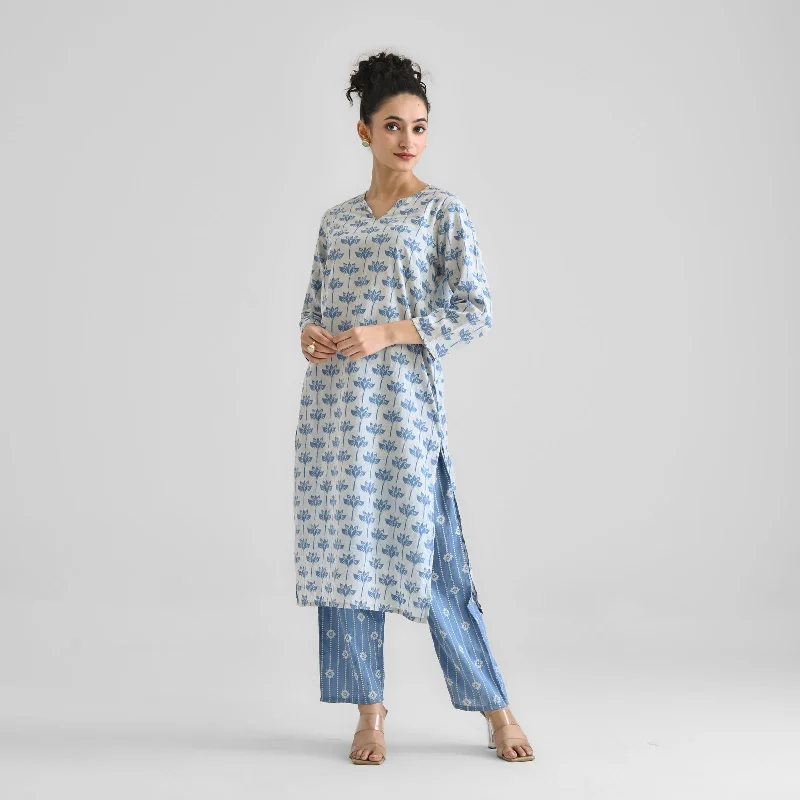 Elegant Women’s Clothing Light Blue Lotus Dabu Printed Cotton Co-ord Set with Notch Neckline