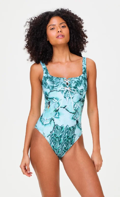 Trendy Online Boutiques Liana Square Neck One Piece Swimsuit - Blue Mix