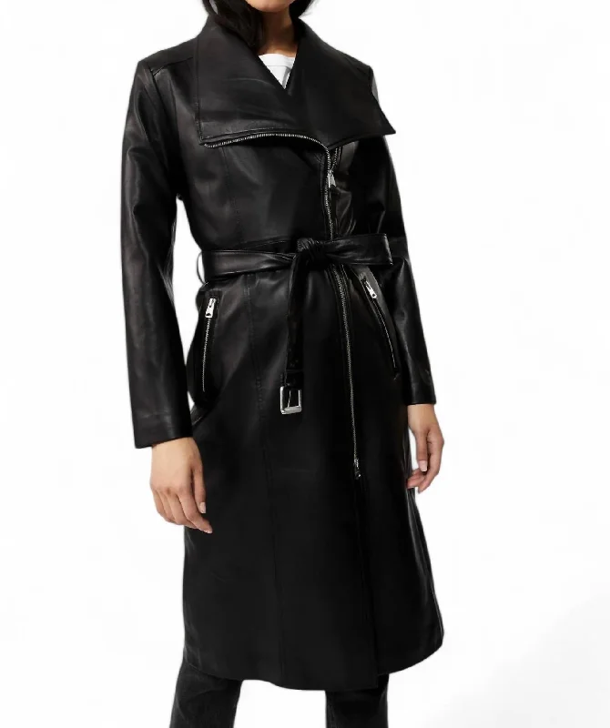 Current Trends Estela Tailored Leather Trench Coat In Black