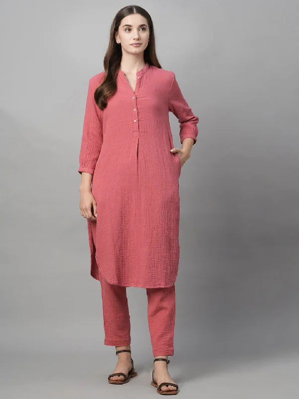 Clothes Women Women's Pink Cotton Regular Fit Kurta