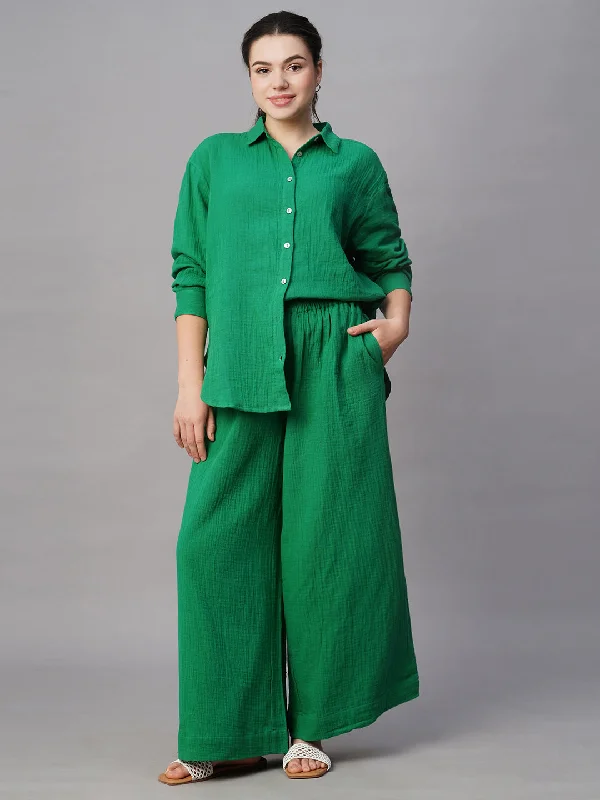 Vintage Fashion Women's Green Cotton Boxy Fit Blouse