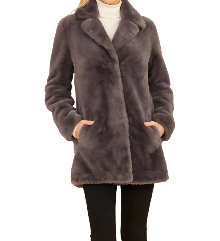 Premium Style Faux Fur Long Coat In Grey