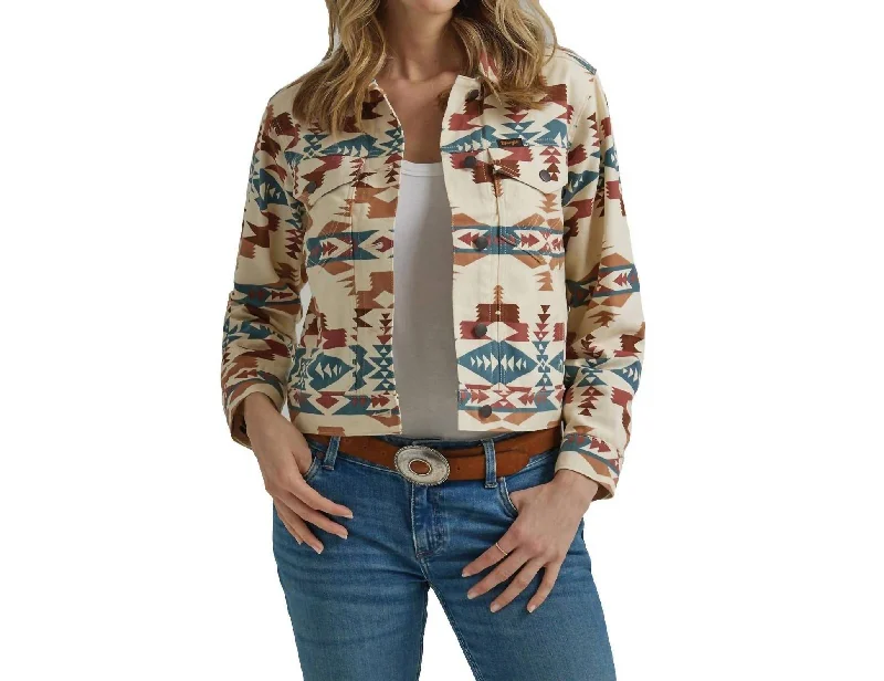 Plus Size Women Wear Retro Printed Boyfriend Jacket In Aztec Cream