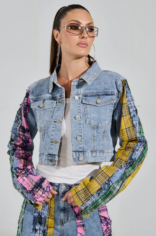 Feminine Dresses for Women in Bold Prints MAKING WAVES PATCHWORK DENIM JACKET