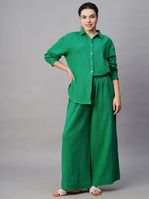 Timeless Classics Women's Green Cotton Regular Fit Pant