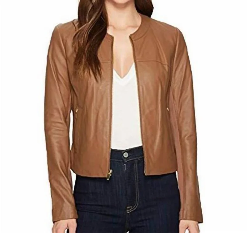 Sophisticated Style Mixed Media Soft Suede Leather Cropped Jacket In Taupe