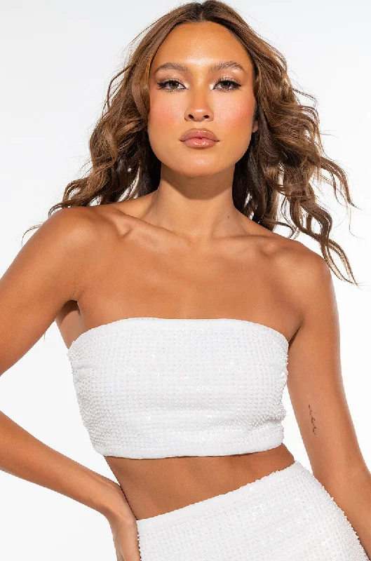 Vibrant Styles ULTRA STRETCH SEQUIN CROP TOP WHITE