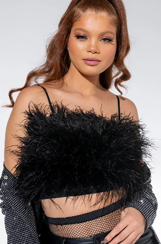 Fashion Forward REAL OSTRICH FEATHERS CROP MESH BANDEAU BLACK