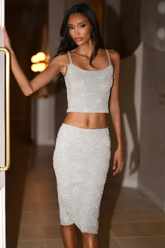 Edgy Fashion Greta Rose Beaded Midi Skirt - Silver