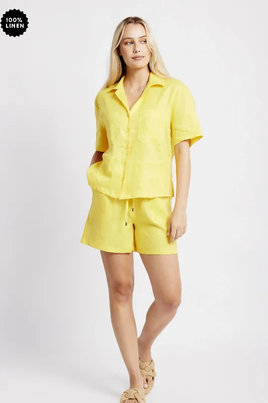 Boho Chic Fashion Revere Collar Linen Shirt in Yellow