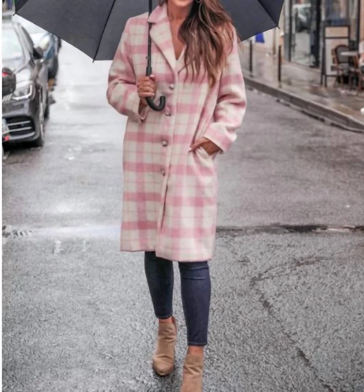 Chic Trend Collection Cover Girl Plaid Coat In Pink