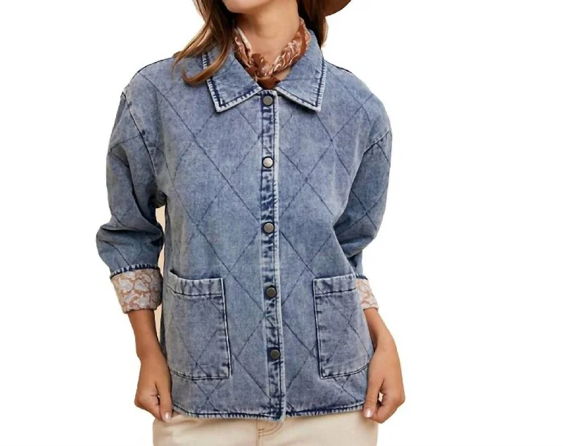 Trend Forward Threads Quilted Padding Denim Jacket In Medium Wash