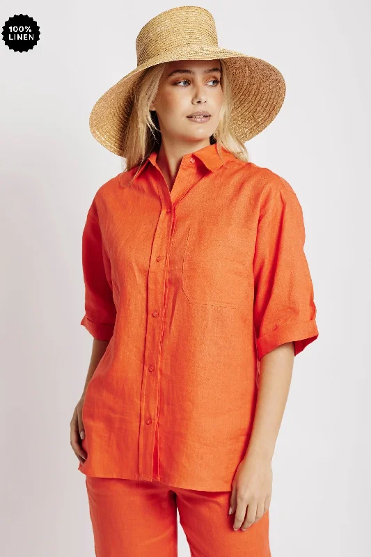 Trendy Street Style Clothing Oversized Linen Shirt in Coral