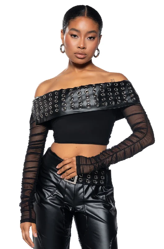 Clothing Woman INVEST IN ME FAUX LEATHER OFF THE SHOULDER MESH TOP