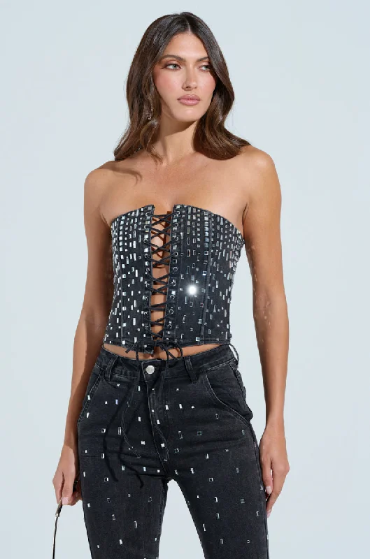 Online Clothing Boutiques POPSTAR BLACK DENIM CORSET WITH RHINESTONE