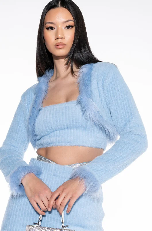 Seasonal Fashion GET A CLUE FUZZY BLUE CROP SWEATER LIGHT BLUE