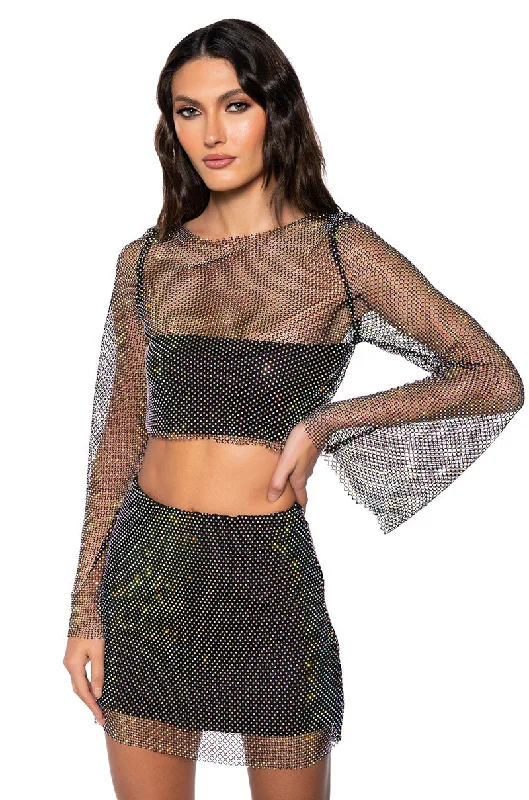 Chic And Edgy FLASHING LIGHTS RHINSTONE MESH LONG SLEEVE TOP IN BLACK