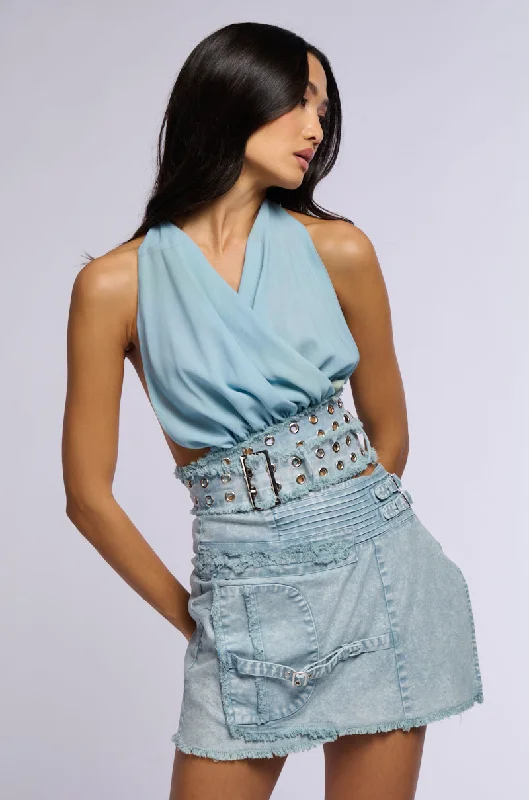 Step Ahead, Lead The Trend DIANA HALTER NECK DENIM BELTED OPEN BACK TOP