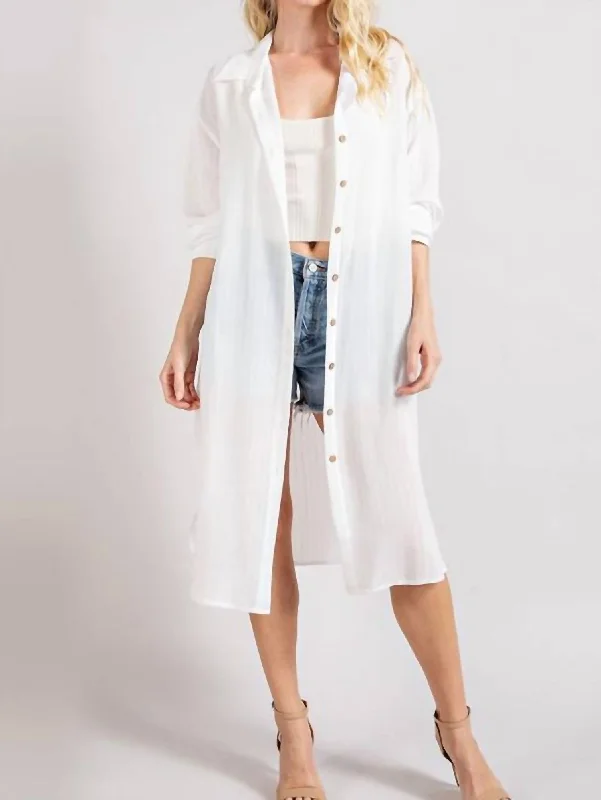 Casual Chic Button Down Long Jacket In White