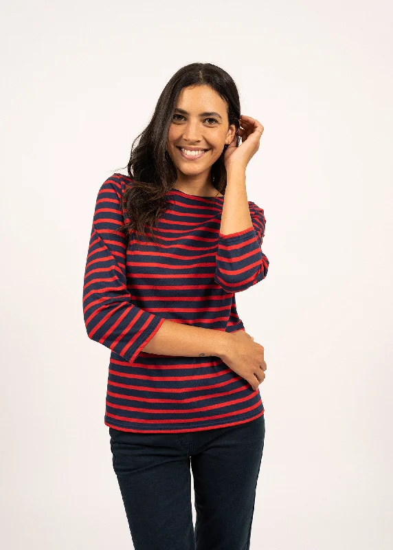 Trend Forward Threads For Her GALATHEE II - Breton Striped Top with ¾ Sleeve | Soft Cotton | Women Fit (NAVY / RED)