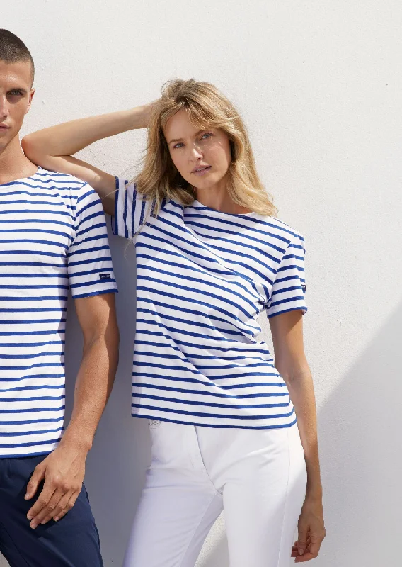 Trend Setting Wardrobe LEVANT MODERN - Breton Stripe Short Sleeve Shirt | Soft Cotton | Unisex Fit (WHITE / ROYAL BLUE)