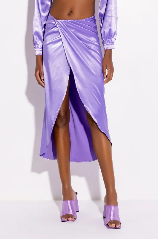 Stylish Savings ON MY LEVEL WRAP FRONT SATIN MIDI SKIRT