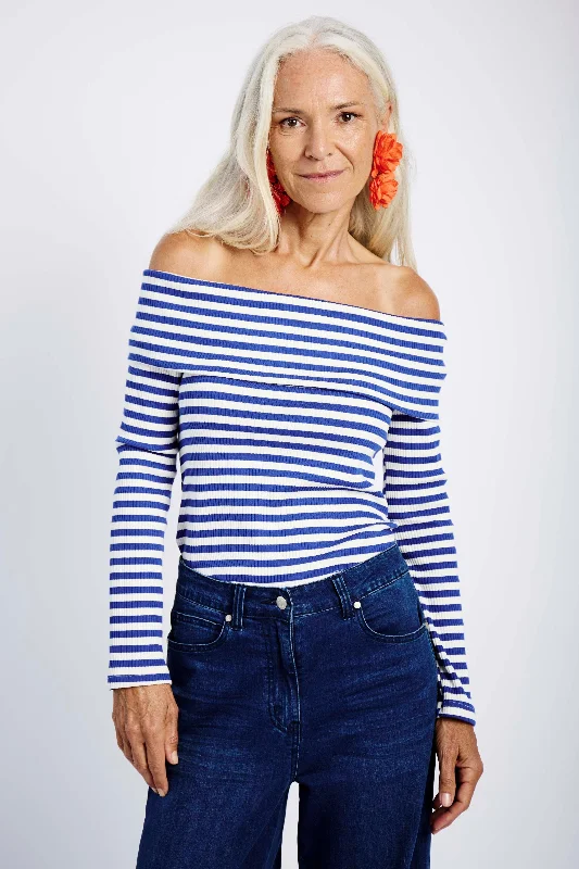 Stylish Savings Off the Shoulder Knit Top in Blue and Bone Stripe