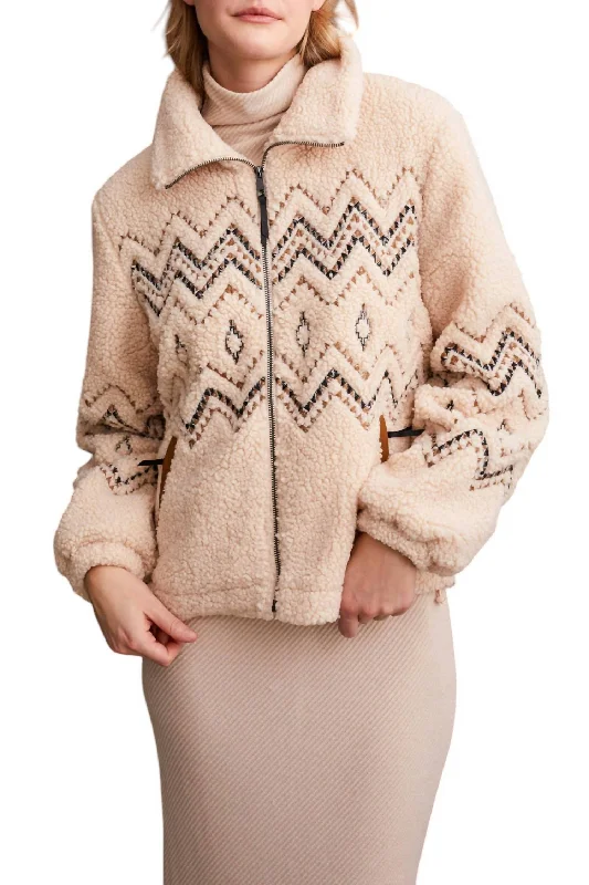 Casual Fashion Lined Zip Up Jacket With Embroidery In Latte